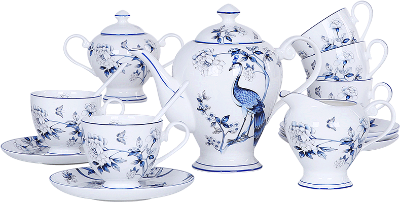 Bir set porselen çay takımları, mavi ve beyaz porselen