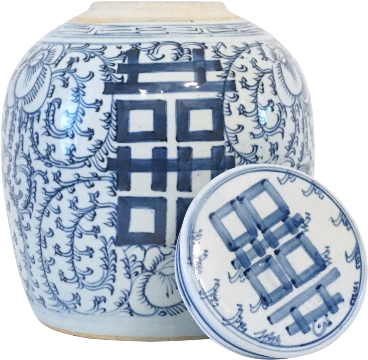 Guci keramik kebahagiaan ganda, porselen biru dan putih