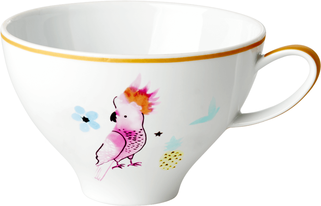 Xícara de chá de porcelana com estampa de papagaio